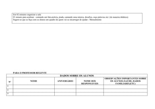 Em 02 minutos organizar a sala
         01 minuto para acalmar: contando um fato,notícia, piada, cantando uma música, desafios, caça palavras etc ( de maneira didática)
         Sugere-se que se faça com os alunos um quadro de quem vai se encarregar de ajudar - Mensalmente




         PARA O PROFESSOR REGENTE
                                                             DADOS SOBRE OS ALUNOS
                                                                                                              OBSERVAÇÕES IMPORTANTES SOBRE
    Nº                      NOME                          ANIVERSÁRIO                 NOME DOS                    OS ALUNOS (SAÚDE, DADOS
                                                                                    RESPONSÁVEIS                      FAMILIARES,ETC)
1

2
3
 