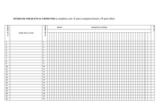 DIÁRIO DE FREQUENCIA I BIMESTRE ( complete com C para comparecimento e F para falta)
    No. DE ORDEM




                                               No. DE ORDEM




                                                                                                          FALTAS
                                                              MESES                FREQUÊNCIA DIÁRIA


                       NOME DOS ALUNOS




1                                          1
2                                          2
3                                          3
4                                          4
5                                          5
6                                          6
7                                          7
8                                          8
9                                          9
10                                         10
11                                         11
12                                         12
13                                         13
14                                         14
15                                         15
16                                         16
17                                         17
18                                         18
19                                         19
20                                         20
21                                         21
22                                         22
 