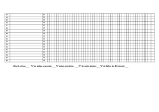 23                                 23
24                                 24
25                                 25
26                                 26
27                                 27
28                                 28
29                                 29
30                                 30
31                                 31
32                                 32
33                                 33
34                                 34
35                                 35
36                                 36
37                                 37
38                                 38
39                                 39
40                                 40


     Dias Letivos:___ Nº de aulas semanais:___ Nº aulas previstas: ___ Nº de aulas dadas:___ Nº de faltas do Professor:___
 