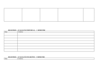 REGISTROS – AVALIAÇÃO INDIVIDUAL – I BIMESTRE
Data               Critérios




     REGISTROS – AVALIAÇÃO EM GRUPOS – I BIMESTRE
Data             Critérios
 
