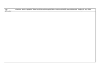 Data __________ Conteúdos /ações e operações/ Áreas envolvidas interdisciplinaridade/Temas Transversais/Sala Informatizada /Adaptação para alunos
deficientes.
 