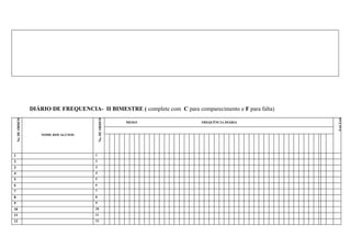DIÁRIO DE FREQUENCIA- II BIMESTRE ( complete com C para comparecimento e F para falta)
                                              No. DE ORDEM




                                                                                                            FALTAS
    No. DE ORDEM




                                                             MESES             FREQUÊNCIA DIÁRIA


                       NOME DOS ALUNOS




1                                         1
2                                         2
3                                         3
4                                         4
5                                         5
6                                         6
7                                         7
8                                         8
9                                         9
10                                        10
11                                        11
12                                        12
 