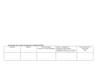 PLANO DE AULA PARA EVENTUAIS SUBSTITUIÇÕES
  Conteúdo            Objetivo            Ações/operações            Motivo e avaliação do                        Nome de quem fez a
                                    Técnicas e recursos detalhados   planejamento pelo suporte                       substituição
                                                                     pedagógico/supervisor e assinatura                 Data
                                                                     ------------------------------------------
 