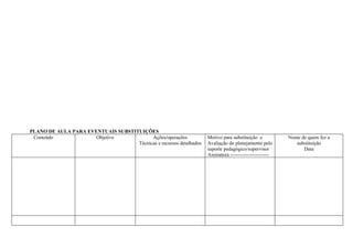 PLANO DE AULA PARA EVENTUAIS SUBSTITUIÇÕES
 Conteúdo             Objetivo            Ações/operações            Motivo para substituição e           Nome de quem fez a
                                    Técnicas e recursos detalhados   Avaliação do planejamento pelo          substituição
                                                                     suporte pedagógico/supervisor              Data
                                                                     Assinatura -----------------------
 