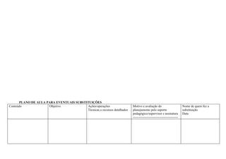 PLANO DE AULA PARA EVENTUAIS SUBSTITUIÇÕES
Conteúdo             Objetivo            Ações/operações                  Motivo e avaliação do                        Nome de quem fez a
                                         Técnicas e recursos detalhados   planejamento pelo suporte                    substituição
                                                                          pedagógico/supervisor e assinatura           Data
                                                                          ------------------------------------------
 