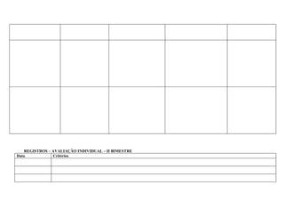 REGISTROS – AVALIAÇÃO INDIVIDUAL – II BIMESTRE
Data            Critérios
 