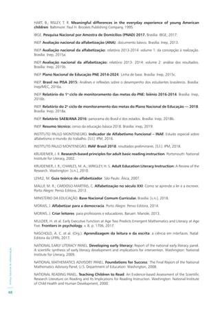 PolíticaNacionaldeAlfabetização
48
HART, B.; RISLEY, T. R. Meaningful differences in the everyday experience of young American
children. Baltimore: Paul H. Brookes Publishing Company, 1995.
IBGE. Pesquisa Nacional por Amostra de Domicílios (PNAD) 2017. Brasília: IBGE, 2017.
INEP. Avaliação nacional da alfabetização (ANA): documento básico. Brasília: Inep, 2013.
INEP. Avaliação nacional da alfabetização: relatório 2013-2014: volume 1: da concepção à realização.
Brasília: Inep, 2015a.
INEP. Avaliação nacional da alfabetização: relatório 2013- 2014: volume 2: análise dos resultados.
Brasília: Inep, 2015b.
INEP. Plano Nacional de Educação PNE 2014-2024: Linha de base. Brasília: Inep, 2015c.
INEP. Brasil no PISA 2015: Análises e reflexões sobre o desempenho dos estudantes brasileiros. Brasília:
Inep/MEC, 2016a.
INEP. Relatório do 1o
ciclo de monitoramento das metas do PNE: biênio 2016-2014. Brasília: Inep,
2016b.
INEP. Relatório do 2o
ciclo de monitoramento das metas do Plano Nacional de Educação — 2018.
Brasília: Inep, 2018a.
INEP. Relatório SAEB/ANA 2016: panorama do Brasil e dos estados. Brasília: Inep, 2018b.
INEP. Resumo técnico: censo da educação básica 2018. Brasília: Inep, 2019.
INSTITUTO PAULO MONTENEGRO. Indicador de Alfabetismo Funcional – INAF. Estudo especial sobre
alfabetismo e mundo do trabalho. [S.l.]: IPM, 2016.
INSTITUTO PAULO MONTENEGRO. INAF Brasil 2018: resultados preliminares. [S.l.]: IPM, 2018.
KRUIDENIER, J. R. Research-based principles for adult basic reading instruction. Portsmouth: National
Institute for Literacy, 2002.
KRUIDENIER, J. R.; CHARLES, M. A.; WRIGLEY, H. S. Adult Education Literacy Instruction: A Review of the
Research. Washington: [s.n.], 2010.
LEMLE, M. Guia teórico do alfabetizador. São Paulo: Ática, 2007.
MALUF, M. R.; CARDOSO-MARTINS, C. Alfabetização no século XXI: Como se aprende a ler e a escrever.
Porto Alegre: Penso Editora, 2013.
MINISTÉRIO DA EDUCAÇÃO. Base Nacional Comum Curricular. Brasília: [s.n.], 2018.
MORAIS, J. Alfabetizar para a democracia. Porto Alegre: Penso Editora, 2014.
MORAIS, J. Criar leitores: para professores e educadores. Barueri: Manole, 2013.
MULDER, H. et al. Early Executive Function at Age Two Predicts Emergent Mathematics and Literacy at Age
Five. Frontiers in psychology, v. 8, p. 1706, 2017.
NASCHOLD, A. C. et al. (Org.). Aprendizagem da leitura e da escrita: a ciência em interfaces. Natal:
Editora da UFRN, 2017.
NATIONAL EARLY LITERACY PANEL. Developing early literacy: Report of the national early literacy panel.
A scientific synthesis of early literacy development and implications for intervention. Washington: National
Institute for Literacy, 2009.
NATIONAL MATHEMATICS ADVISORY PANEL. Foundations for Success: The Final Report of the National
Mathematics Advisory Panel, U.S. Department of Education: Washington, 2008.
NATIONAL READING PANEL. Teaching Children to Read: An Evidence-based Assessment of the Scientific
Research Literature on Reading and Its Implications for Reading Instruction. Washington: National Institute
of Child Health and Human Development, 2000.
 