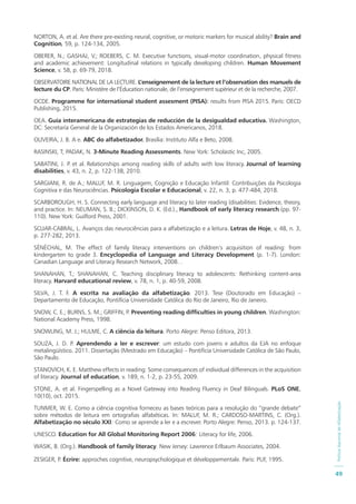 PolíticaNacionaldeAlfabetização
49
NORTON, A. et al. Are there pre-existing neural, cognitive, or motoric markers for musical ability? Brain and
Cognition, 59, p. 124-134, 2005.
OBERER, N.; GASHAJ, V.; ROEBERS, C. M. Executive functions, visual-motor coordination, physical fitness
and academic achievement: Longitudinal relations in typically developing children. Human Movement
Science, v. 58, p. 69-79, 2018.
OBSERVATOIRE NATIONAL DE LA LECTURE. L’enseignement de la lecture et l’observation des manuels de
lecture du CP. Paris: Ministère de l’Éducation nationale, de l’enseignement supérieur et de la recherche, 2007.
OCDE. Programme for international student assesment (PISA): results from PISA 2015. Paris: OECD
Publishing, 2015.
OEA. Guía interamericana de estrategias de reducción de la desigualdad educativa. Washington,
DC: Secretaría General de la Organización de los Estados Americanos, 2018.
OLIVEIRA, J. B. A e. ABC do alfabetizador. Brasília: Instituto Alfa e Beto, 2008.
RASINSKI, T; PADAK, N. 3-Minute Reading Assessments. New York: Scholastic Inc, 2005.
SABATINI, J. P. et al. Relationships among reading skills of adults with low literacy. Journal of learning
disabilities, v. 43, n. 2, p. 122-138, 2010.
SARGIANI, R. de A.; MALUF, M. R. Linguagem, Cognição e Educação Infantil: Contribuições da Psicologia
Cognitiva e das Neurociências. Psicologia Escolar e Educacional, v. 22, n. 3, p. 477-484, 2018.
SCARBOROUGH, H. S. Connecting early language and literacy to later reading (disabilities: Evidence, theory,
and practice. In: NEUMAN, S. B.; DICKINSON, D. K. (Ed.)., Handbook of early literacy research (pp. 97-
110). New York: Guilford Press, 2001.
SCLIAR-CABRAL, L. Avanços das neurociências para a alfabetização e a leitura. Letras de Hoje, v. 48, n. 3,
p. 277-282, 2013.
SÉNÉCHAL, M. The effect of family literacy interventions on children’s acquisition of reading: from
kindergarten to grade 3. Encyclopedia of Language and Literacy Development (p. 1-7). London:
Canadian Language and Literacy Research Network, 2008. .
SHANAHAN, T.; SHANAHAN, C. Teaching disciplinary literacy to adolescents: Rethinking content-area
literacy. Harvard educational review, v. 78, n. 1, p. 40-59, 2008.
SILVA, J. T. F. A escrita na avaliação da alfabetização. 2013. Tese (Doutorado em Educação) –
Departamento de Educação, Pontifícia Universidade Católica do Rio de Janeiro, Rio de Janeiro.
SNOW, C. E.; BURNS, S. M.; GRIFFIN, P. Preventing reading difficulties in young children. Washington:
National Academy Press, 1998.
SNOWLING, M. J.; HULME, C. A ciência da leitura. Porto Alegre: Penso Editora, 2013.
SOUZA, J. D. P. Aprendendo a ler e escrever: um estudo com jovens e adultos da EJA no enfoque
metalingüístico. 2011. Dissertação (Mestrado em Educação) – Pontifícia Universidade Católica de São Paulo,
São Paulo.
STANOVICH, K. E. Matthew effects in reading: Some consequences of individual differences in the acquisition
of literacy. Journal of education, v. 189, n. 1-2, p. 23-55, 2009.
STONE, A. et al. Fingerspelling as a Novel Gateway into Reading Fluency in Deaf Bilinguals. PLoS ONE,
10(10), oct. 2015.
TUNMER, W. E. Como a ciência cognitiva forneceu as bases teóricas para a resolução do “grande debate”
sobre métodos de leitura em ortografias alfabéticas. In: MALUF, M. R.; CARDOSO-MARTINS, C. (Org.).
Alfabetização no século XXI: Como se aprende a ler e a escrever. Porto Alegre: Penso, 2013. p. 124-137.
UNESCO. Education for All Global Monitoring Report 2006: Literacy for life, 2006.
WASIK, B. (Org.). Handbook of family literacy. New Jersey: Lawrence Erlbaum Associates, 2004.
ZESIGER, P. Écrire: approches cognitive, neuropsychologique et développementale. Paris: PUF, 1995.
 
