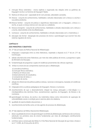 PolíticaNacionaldeAlfabetização
51
V. instrução fônica sistemática - ensino explícito e organizado das relações entre os grafemas da
linguagem escrita e os fonemas da linguagem falada;
VI. fluência em leitura oral - capacidade de ler com precisão, velocidade e prosódia;
VII. literacia - conjunto de conhecimentos, habilidades e atitudes relacionadas com a leitura e a escrita e
sua prática produtiva;
VIII.literacia familiar - conjunto de práticas e experiências relacionadas com a linguagem, a leitura e a
escrita, as quais a criança vivencia com seus pais ou cuidadores;
IX. literacia emergente - conjunto de conhecimentos, habilidades e atitudes relacionadas com a leitura e
a escrita, desenvolvidos antes da alfabetização;
X. numeracia - conjunto de conhecimentos, habilidades e atitudes relacionadas com a matemática; e
XI. educação não formal - designação dos processos de ensino e aprendizagem que ocorrem fora dos
sistemas regulares de ensino.
CAPÍTULO II
DOS PRINCÍPIOS E OBJETIVOS
Art. 3º São princípios da Política Nacional de Alfabetização:
I. integração e cooperação entre os entes federativos, respeitado o disposto no § 1º do art. 211 da
Constituição;
II. adesão voluntária dos entes federativos, por meio das redes públicas de ensino, a programas e ações
do Ministério da Educação;
III. fundamentação de programas e ações em evidências provenientes das ciências cognitivas;
IV. ênfase no ensino de seis componentes essenciais para a alfabetização:
a) consciência fonêmica;
b) instrução fônica sistemática;
c) fluência em leitura oral;
d) desenvolvimento de vocabulário;
e) compreensão de textos; e
f) produção de escrita;
V. adoção de referenciais de políticas públicas exitosas, nacionais e estrangeiras, baseadas em evidências
científicas;
VI. integração entre as práticas pedagógicas de linguagem, literacia e numeracia;
VII. reconhecimento de que o desenvolvimento integral da criança pressupõe a inter-relação e a
interdependência dos domínios físico, socioemocional, cognitivo, da linguagem, da literacia e da
numeracia;
VIII.aprendizagem da leitura, da escrita e da matemática básica como instrumento de superação de
vulnerabilidades sociais e condição para o exercício pleno da cidadania;
IX. igualdade de oportunidades educacionais; e
X. reconhecimento da família como um dos agentes do processo de alfabetização.
Art. 4º São objetivos da Política Nacional de Alfabetização:
I. elevar a qualidade do ensino e da aprendizagem no âmbito da alfabetização, da literacia e da numeracia,
sobretudo nos primeiros anos do ensino fundamental, por meio de abordagens cientificamente
fundamentadas;
II. contribuir para a consecução das Metas 5 e 9 do Plano Nacional de Educação de que trata o Anexo à
Lei nº 13.005, de 25 de junho de 2014;
 