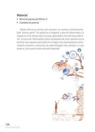 Material
�	

Mural de poemas da Oficina 11
�	 Coletânea de poemas
Nesta oficina os alunos vão escrever um poema coletivamente.
Este “ensaio geral” irá ajudá-los a resgatar o que foi observado e a
organizar uma síntese dos recursos aprendidos nas oficinas anteriores. A troca de informações entre estudantes de uma mesma turma
permite que aqueles que estão em estágio mais avançado do conhecimento auxiliem o processo de aprendizagem dos demais e o seu
próprio, pois quem ensina sempre aprende.

120
poetas da escola

 