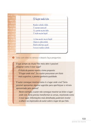 O lugar onde vivo
Minha cidade é bela
É mesmo especial
Eu gosto muito dela
É tudo muito legal
Lá tem muita coisa legal
Alegria e felicidade
Outra não tem igual
Assim é minha cidade

Leia com eles os versos e depois faça perguntas.

O que acham do título? Por meio dele é possível
imaginar como é esse lugar?
O título do poema repete o tema proposto:
“O lugar onde vivo”. Se o autor procurasse um título
mais sugestivo, o poema ganharia qualidade.
O autor consegue mostrar como é o lugar onde vive? Seria
possível apresentar alguma sugestão para aperfeiçoar o retrato
apresentado pelo poema?
Neste exemplo, o autor não consegue mostrar ao leitor o lugar
onde vive. Seria preciso transformar os versos, mostrando como
é esse lugar. Informações mais detalhadas poderiam revelar
o olhar e as impressões do autor sobre o lugar de que fala.

133
poetas da escola

 