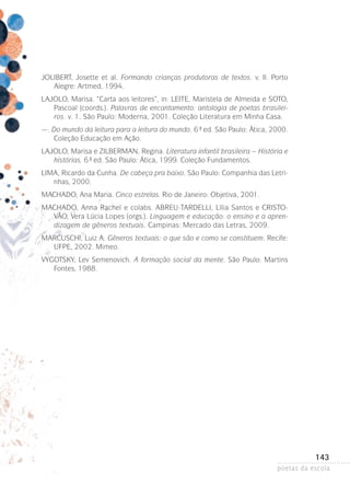 JOLIBERT, Josette et al. Formando crianças produtoras de textos. v. II. Porto
Alegre: Artmed, 1994.
LAJOLO, Marisa. “Carta aos leitores”, in: LEITE, Maristela de Almeida e SOTO,
Pascoal (coords.). Palavras de encantamento: antologia de poetas brasileiros. v. 1. São Paulo: Moderna, 2001. Coleção Literatura em Minha­Casa.
—. Do mundo da leitura para a leitura do mundo. 6ª ed. São Paulo: Ática, 2000.
Coleção Educação em Ação.
LAJOLO, Marisa e ZILBERMAN, Regina. Literatura infantil brasileira – História e
histórias. 6ª ed. São Paulo: Ática, 1999. Coleção Fundamentos.
LIMA, Ricardo da Cunha. De cabeça pra baixo. São Paulo: Companhia das Letrinhas, 2000.
MACHADO, Ana Maria. Cinco estrelas. Rio de Janeiro: Objetiva, 2001.
MACHADO, Anna Rachel e colabs. ABREU-TARDELLI, Lília Santos e CRISTOVÃO, Vera Lúcia Lopes (orgs.). Linguagem e educação: o ensino e a aprendizagem de gêneros textuais. Campinas: Mercado das Letras, 2009.
MARCUSCHI, Luiz A. Gêneros textuais: o que são e como se constituem. ­ ecife:
R
UFPE, 2002. Mimeo.
VYGOTSKY, Lev Semenovich. A formação social da mente. São Paulo: Mar­ ins
t
Fontes, 1988.

143
poetas da escola

 