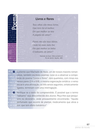Poema

Livros e flores
Teus olhos são meus livros.
Que livro há aí melhor,
Em que melhor se leia
A página do amor?
Flores me são teus lábios.
Onde há mais bela flor,
Em que melhor se beba
O bálsamo do amor?
Machado de Assis. Obra completa III.
Rio de Janeiro: Aguilar, 1962.

Comente que Machado de Assis, um de nossos maiores romancistas, também escreveu poemas. Leve-os a observar a composição do poema “Livros e flores”: dois quartetos, com rimas nos
versos pares (2/4 e 6/8), e mesma organização sintática: o verso
inicial é uma afirmação; os três versos seguintes, sintaticamente
ligados, terminam com uma interrogação.
Verifique se o texto foi compreendido. É possível que o termo
“bálsamo” seja desconhecido dos alunos. Peça-lhes que pesquisem no dicionário, onde provavelmente encontrarão: “líquido
perfumado que escorre de plantas; medicamento que alivia a
dor, que tem efeito balsâmico”.

67
poetas da escola

 