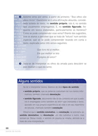 Retome verso por verso, a partir do primeiro: “Teus olhos são
meus livros”. Questione se é uma afirmação absurda, considerada isolada do texto, no sentido próprio, isto é, no sentido
que usualmente empregamos. E, no sentido figurado, frequente em textos elaborados, particularmente os literários?
Como se pode compreender esse verso? Diante das sugestões,
leve os alunos a perceber que se trata de “leitura” num sentido
especial, que só se pode compreender levando em conta o
texto­ explicada pelos três versos seguintes:
,
Que livro há aí melhor,
Em que melhor se leia
A página do amor?
Trata-se de interpretar os olhos da amada para descobrir se
eles revelam o que ela sente.

Alguns sentidos
Ao ler e interpretar textos, falamos de dois tipos de sentido:
	

•

s
 entido próprio, que as palavras costumam ter nos textos informativos, também chamado denotação;

	

•

s
 entido figurado, decorrente não só do contexto em que a palavra é empregada como também do leitor que interpreta o texto,
apoiado em sua própria experiência de vida e em seu repertório
de leituras, chamado também conotação.

Observe que o sentido conotativo, ou conotação, se sobrepõe ao
sentido denotativo, ou denotação; um não substitui o outro, mas
somam-se. Desse modo, o sentido do poema se amplia, abrindo-se a
mais de uma interpretação.

68
poetas da escola

 