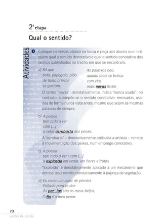 2-ª etapa

Atividades

Qual o sentido?
Coloque os versos abaixo na lousa e peça aos alunos que indiquem qual o sentido denotativo e qual o sentido conotativo dos
termos sublinhados no trecho em que se encontram.
a)	Só que
	 bola, papagaio, pião
	 de tanto brincar
	 se gastam.

As palavras não:
quanto mais se brinca
com elas
mais novas ficam.

O termo “novas”, denotativamente, indica “nunca usado”; no
contexto, sobrepõe-se o sentido conotativo: renovadas, usadas de forma nunca vista antes, mesmo que sejam as mesmas
palavras de sempre.
b)	A poesia
	 tem tudo a ver
	 com [...]
	 a veloz acrobacia dos peixes.
A “acrobacia” – denotativamente atribuída a artistas – remete
à movimentação dos peixes, num emprego conotativo.
c)	 A poesia
	 tem tudo a ver / com [...]
	 a explosão em verde, em flores e frutos.
“Explosão” é denotativamente aplicado a um mecanismo que
detona; aqui remete conotativamente à pujança da vegetação.
d)	Eu tenho um colar de pérolas
	 Enfiado para te dar:
	As per’ las são os meus beijos,
O fio é o meu penar.

70
poetas da escola

 