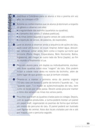 Atividades
	
	
	
	

Distribua a Coletânea para os alunos e leia o poema em voz
alta, ou coloque o CD.
Retome os conhecimentos que os alunos já dominam a respeito
do gênero e observe com eles:
	 regularidade das estrofes (quartetos ou quadras);
a
	 tamanho dos versos (7 sílabas poéticas);
o
	 s rimas (entre segundo e quarto versos de cada estrofe);
a
	 repetição de versos, de palavras, de expressões.
a
Leve os alunos a observar ainda a sequência de ações do tatu,
após cavar um buraco: se coçar, respirar, beber água, descansar, refrescar, voltar atrás; bem como o trajeto sul-norte que
percorre (Porto Alegre, Copacabana, Belo Horizonte, Bahia,
I
­nglaterra), até chegar ao outro lado da Terra (Japão), ao fim
do mundo e finalmente à Lua.
Peça aos alunos para, em duplas ou individualmente, escreverem duas quadras sobre essa “viagem” do tatu. Eles podem
incluir a cidade natal deles no roteiro do bichinho, além de
outro lugar de que gostem ou que já tenham visitado.
Oriente-os a manter o primeiro verso do poema original
(“O tatu cava um buraco”), parte do terceiro (“quando sai...” ou
“quando quer...”) e mudar as ações/motivações do tatu, bem
como os locais por onde passa. Devem ainda procurar manter
o ritmo dos versos e as rimas nos versos pares.
Peça-lhes que leiam as quadras criadas para os colegas. Depois,
com as quadras produzidas, a turma poderá montar um painel
em papel kraft, organizando os poemas de forma que tenham
um roteiro do percurso do tatu. O painel poderá ser ilustrado
com figuras do animal, fotos dos locais visitados por ele e até
por mapas, com o percurso seguido.

99
poetas da escola

 