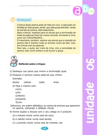 unidade 06 moradia 
Secretaria de Estado da Educação do Paraná / Departamento de Ensino Fundamental 
Professor 
A leitura deste poema pode ser feita em coro. A sala pode ser 
dividida em dois grupos, sendo que cada grupo lerá dois versos 
da estrofe do poema, alternadamente. 
Após a leitura, explique para os alunos que a terminação de 
todas as palavras finais do versos coincide, formando a rima, 
como em CACO/MACACO. 
É importante, também, explicar aos alunos que a intenção do 
poema não é mostrar onde os animais vivem de fato, mas, 
sim brincar com as palavras. 
Para isso, o autor, por meio da rima, cria a sonoridade do 
poema, bem como confere a ele humor e graça. 
Reflexão sobre a língua 
1) Destaque nos pares que rimam a terminação igual. 
2) Pesquise e escreva outras palavras que rimam. 
Exemplo: 
bonita cabrita Lolita Anita 
a) Faça o mesmo com: 
115 
CACO-LATA-CIMENTO-ELEGANTE-TELHA- 
3)Escreva, em ordem alfabética, os nomes de animais que aparecem 
no poema, utilizando o alfabeto móvel. 
4) Forme duplas e discuta com o seu colega se é possível: 
a) o macaco morar numa casa de caco; 
b) a cabrita morar numa casa bonita; 
c) o jumento morar numa casa de cimento, etc. 
 
