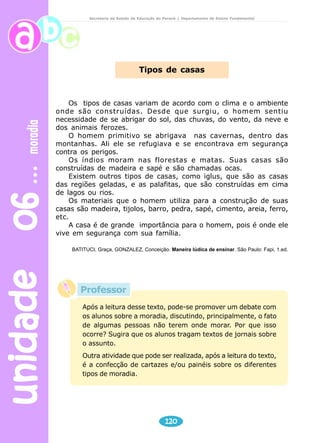 unidade 06 moradia 
Secretaria de Estado da Educação do Paraná / Departamento de Ensino Fundamental 
Tipos de casas 
Os tipos de casas variam de acordo com o clima e o ambiente 
onde são construídas. Desde que surgiu, o homem sentiu 
necessidade de se abrigar do sol, das chuvas, do vento, da neve e 
dos animais ferozes. 
O homem primitivo se abrigava nas cavernas, dentro das 
montanhas. Ali ele se refugiava e se encontrava em segurança 
contra os perigos. 
Os índios moram nas florestas e matas. Suas casas são 
construídas de madeira e sapé e são chamadas ocas. 
Existem outros tipos de casas, como iglus, que são as casas 
das regiões geladas, e as palafitas, que são construídas em cima 
de lagos ou rios. 
Os materiais que o homem utiliza para a construção de suas 
casas são madeira, tijolos, barro, pedra, sapé, cimento, areia, ferro, 
etc. 
A casa é de grande importância para o homem, pois é onde ele 
vive em segurança com sua família. 
BATITUCI, Graça, GONZALEZ, Conceição. Maneira lúdica de ensinar. São Paulo: Fapi, 1.ed. 
Após a leitura desse texto, pode-se promover um debate com 
os alunos sobre a moradia, discutindo, principalmente, o fato 
de algumas pessoas não terem onde morar. Por que isso 
ocorre? Sugira que os alunos tragam textos de jornais sobre 
o assunto. 
Outra atividade que pode ser realizada, após a leitura do texto, 
é a confecção de cartazes e/ou painéis sobre os diferentes 
tipos de moradia. 
120 
Professor 
 