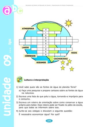 unidade 09 água 
Secretaria de Estado da Educação do Paraná / Departamento de Ensino Fundamental 
Água 
O Brasil detém hoje 2/3 das reservas de água potável 
do planeta. Seus sistemas hídricos são riquíssimos, mas 
toda essa riqueza está seriamente ameaçada. Os rios estão 
secando, contaminados por agrotóxicos e atingidos pelo 
desmatamento e pelo desconhecimento e prática de uma 
política ambientalista. 
Sabe-se que 70% da superfície da Terra são cobertos 
pela água. Desse total, 98% é salobra, inadequada para a 
agricultura ou para beber. A maior parte da água fresca do 
planeta está presa nas calotas polares e geleiras ou 
armazenada debaixo da superfície da terra. 
Cerca de 73% da água fresca utilizada pela humanidade 
são destinados à agricultura. De 65% a 70% da água em 
uso se perdem através de evaporação, vazamentos e outros 
desperdícios. Com 20% da população mundial, a Europa tem 
7% das reservas de água. A Ásia, com 60% da população 
do globo, detém 31% das reservas. 
Usar um globo para poder explicar o texto e mostrar que a 
água é a substância que existe em maior quantidade na 
superfície da terra. Trabalhar textos informativos e sua função 
específica, que é informar ao leitor ou ouvinte determinado 
fato ou acontecimento. 
Explicar que vivemos uma crise e que o planeta corre perigo. 
Trabalhar com a oralidade, perguntando o que eles sabem 
sobre a importância da água, o que eles acham que podemos 
fazer para ajudar, etc. 
168 
Professor 
 