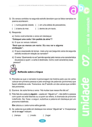 adolescência 
Secretaria de Estado da Educação do Paraná / Departamento de Ensino Fundamental 
Lilibel 
Era uma vez uma garota chamada Lilibel. 
E para começar a rimar, eu vou dizer 
Que ela tinha olhos cor de mel. 
Desenhar bem, pintar sem deixar vazar, 
Cantar sem desafinar – nada disso ela fazia. 
Seu horror eram as aulas de geometria. 
Diziam que sua letra era um 
garrancho sem fim. 
Às vezes, tinha nota vermelha no boletim. 
Era uma menina comportada. 
Alguns diziam que era muito calada. 
Tinha medo de água, dos meninos 
e do professor de matemática. 
Adorava a professora de português; 
Uma senhora muito simpática. 
Lilibel achava que era feia, 
muito branca e baixinha. 
Na hora do recreio, se não viessem chamá-la 
Para brincar, ela ficava sozinha. 
Aparelho nos dentes foi obrigada a usar. 
Sorria amarelo prateado quando lhe 
Perguntavam como faria para beijar. 
Havia um garoto, o Guto, que ela achava lindo. 
Mas, ele não lhe dava bola, estivesse indo ou vindo. 
O sonho de Lilibel era ser uma garota linda de doer. 
Dia e noite ela perguntava: Quando isso vai acontecer? 
O tempo passou e as coisas começaram a mudar 
É que Lilibel descobriu que todo mundo na classe 
Também tinha do que se queixar. 
A sua melhor amiga tinha medo de trovão. 
O garoto mais sabido ficava horrível de calção. 
A colega da carteira ao lado era meio gordinha. 
E o garoto da de trás, um tampinha. 
Lilibel não precisou nem de fada madrinha. 
Depois disso, sempre que olhava o espelho, ela dizia: 
Eu sou uma gatinha! 
unidade 05 102 
SILVA, Antônio Siqueira. Lilibel. In: __Linguagem e vivência: língua portuguesa. São Paulo: 
Ibel, 2001. 
 