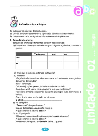 Secretaria de Estado da Educação do Paraná / Departamento de Ensino Fundamental 
pontuação; 
distribuição espacial; 
uso adequado de letras maiúsculas; 
paragrafação; 
adequação à forma padrão; 
concordância verbal/nominal; 
recursos coesivos; 
marcas da oralidade. 
Quais as intervenções que o professor pode realizar? Além de esclarecer e ensinar 
o que apontamos anteriormente, compete ao professor realizar encaminhamentos de 
leitura, distinção de como se escreve, importância do domínio do código como convenção 
social. Isso pode e deve ser feito junto com o aluno, autor do texto: atendimento individual 
(noção de texto, relação oralidade/escrita); características da escrita (relações biúnivocas, 
arbitrárias, etc.); reestruturação de texto; uso de dicionário (individual/coletivo). 
41 
A formiga 
Era um dia muito frio. Dona formiguinha estava com fome 
e frio. 
Ela foi na casa da dona aranha e perguntou: 
– Dona aranha, a senhora tem uma agasalho para me 
esquentar e uma comidinha para matar minha fome? 
E a dona aranha respondeu: 
– Só tenho um agasalho. Você quer? 
– Quero. 
Outro dia, a formiga foi novamente até a casa da aranha. 
– Tem uma comida para me dar? 
– Entre e durma aqui. 
Como a formiguinha não tinha casa, ficou morando lá para 
sempre. 
E viveram felizes para sempre. 
 