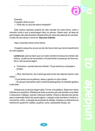 unidade 01 tartarugas 
Secretaria de Estado da Educação do Paraná / Departamento de Ensino Fundamental 
48 
Usamos parênteses: 
informações complementares; 
ampliar a idéia do autor; 
comentário; 
nomes de autores, obras, capítulos relativos a citações já feitas. 
Explique a função do parênteses: 
* No 1º parágrafo. 
“... mexeu na tartaruga com um pau (tinha nojo daquele bicho) 
e constatou que a tartaruga tinha morrido mesmo.” 
* No 3º parágrafo. 
“ ...mas nós vamos fazer para ela um grande funeral (empregou de propósito 
a palavra difícil).” 
Por que o uso do parênteses? 
Onde mais, no texto, aparece o uso dos parênteses? Com qual função? 
Usamos aspas: 
no início e no final de citação textual; 
em palavras ou expressões que desejamos destacar; 
em títulos de obras artísticas ou científicas; 
em palavras ou expressões estrangeiras, arcaicas, gírias, neologismos; 
em palavras com sentidos diferentes : ironia. 
No texto aparece o uso das aspas em diferentes situações. 
Retire uma e explique o uso das aspas. 
Reescreva o trecho abaixo, conforme início sugerido. Substitua 
as palavras sublinhadas. 
“Depois pegamos a caixa, abrimos um buraco no fundo do 
quintal,enterramos a tartaruguinha e botamos uma pedra em cima com 
o nome dela e o dia que ela morreu.” 
Depois pego ............................................................................ 
Assinale o referente: 
“ __ Eu sei que você sente muito a morte da tartaruguinha. Eu 
também gostava muito dela. Mas nós vamos fazer pra ela um grande 
funeral.” 
 