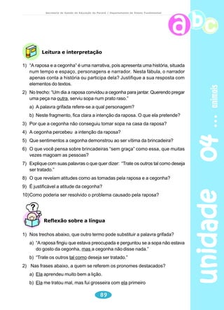 pipa 
Secretaria de Estado da Educação do Paraná / Departamento de Ensino Fundamental 
Leitura e interpretação 
1) A pipa já era conhecida na China. Desde que época ela existe? Há quanto 
tempo já se conhece a arte de empinar pipa? 
2) O século VI corresponde a que época? 
3) O grego Arquitas de Tarento inventou um modelo de pipa. Para que servia? 
4) A pipa, além de ser construída para brincadeiras, também foi usada com outros 
objetivos. Quais eram? 
5) Laurence Hargrave contribuiu com a história da aviação. De que forma? 
6) Quem foi Benjamin Franklin e o que ele inventou? 
unidade 02 70 
Reflexão sobre a língua 
1) O 2º parágrafo inicia: 
“Por essa época, no Ocidente...” A qual época se refere? 
2) Explique a expressão destacada: “ É bem possível que tenha inventado 
por conta própria mesmo, porque o homem era um crânio, tanto que...” 
3) “A sua pipa, que entrou para a história com o nome de “a pomba de Tarento”, 
que ele não construiu para brincar, mas para pescar no mar” 
a) o pronome sua se refere a ____________________________________ 
b) o pronome pessoal ele se refere a ______________________________ 
4) “... não construiu para brincar, mas para pescar no mar!” 
Substitua a conjunção mas por outra que tenha a mesma função. 
5) No 3º parágrafo: 
“Para ter certeza de que eles ouviriam mesmo seus chamados,...” 
a) eles - se refere a ____________________________________________ 
b) seus chamados (chamados de quem?) ___________________________ 
6) Os romanos devem ter copiado essa idéia deles,...” 
 