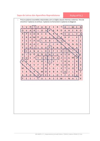 ARS NORTE, I.P. | Departamento de Saúde Pública | PRESSE |Caderno PRESSE 2º Ciclo
Sopa de Letras dos Aparelhos Reprodutores Ficha nº 9.2
S V D T Z A D F E R T H I M E N
O V A R I O S P A R D A H E R O
A P E O B C X S R E R V U L V A
E R A M D V U A D O P D P I P T
F E F P O L A B I O S C T H C E
D P A A C R U Z C H D T G N Q S
E U R S S G O P R N Q R A U A T
J C A N A L D E F E R E N T E I
D I D O Q N Q N F U A S B J A C
D O E P V A G I N A Z C G M U U
U D R E R H L S V J T R H I R L
E T A V F T A P T M S O N F E O
M S E J D H N S G I X T U O T S
S A D R C M D X B A E O J L R Z
A R O U O P E E L O T F Z E A U
V E S I C U L A S E M I N A L X
1. Procura palavras escondidas relacionadas com os órgãos sexuais internos e externos. Tens de
encontrar 7 palavras na vertical, 7 palavras na horizontal e 2 palavras na diagonal.
 