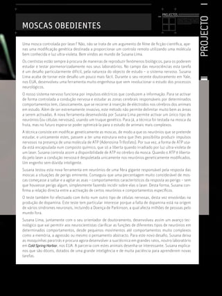 PROJECTO
Licenciatura em Biologia-Recursos Faunísticos e Ambiente,
Faculdade de Ciências da Universidade de Lisboa, Mestrado
em Matemática Aplicada às Ciências Biológicas pelo
Instituto Superior de Agronomia da Universidade Técnica
de Lisboa Doutoramento em Biologia da Conservação pela
Universidade de Sheﬃeld, Reino Unido.
MOSCAS OBEDIENTES
PROJECTOS //////////////////
Uma mosca controlada por laser? Não, não se trata de um argumento de ﬁlme de ﬁcção-cientíﬁca, ape-
nas uma modiﬁcação genética destinada a proporcionar um controlo remoto utilizando uma molécula
bem conhecida e luz ultra-violeta. Bem vindos ao mundo de Susana Lima.
Os cientistas estão sempre à procura de maneiras de reproduzir fenómenos biológicos, para os poderem
estudar e testar pormenorizadamente nos seus laboratórios. No campo das neurociências esta tarefa
é um desaﬁo particularmente difícil, pela natureza do objecto de estudo – o sistema nervoso. Susana
Lima acaba de tornar este desaﬁo um pouco mais fácil. Durante o seu recente doutoramento em Yale,
nos EUA, desenvolveu uma ferramenta muito engenhosa que vem revolucionar o estudo dos processos
neurológicos.
O nosso sistema nervoso funciona por impulsos eléctricos que conduzem a informação. Para se activar
de forma controlada a condução nervosa e estudar as zonas cerebrais responsáveis por determinados
comportamentos tem, classicamente, que se recorrer à inserção de eléctrodos nos cérebros dos animais
em estudo. Além de ser extremamente invasivo, este método não permite delimitar muito bem as áreas
a serem activadas. A nova ferramenta desenvolvida por Susana Lima permite activar um único tipo de
neurónios (ou células nervosas), usando um truque genético. Para já, a técnica foi testada na mosca da
fruta, mas no futuro espera-se poder optimizá-la para o estudo de animais mais complexos.
A técnica consiste em modiﬁcar geneticamente as moscas, de modo a que os neurónios que se pretende
estudar, e unicamente estes, passem a ter uma estrutura extra que lhes possibilita produzir impulsos
nervosos na presença de uma molécula de ATP (Adenosina Trifosfato). Por sua vez, a forma de ATP usa-
da está encapsulada num composto químico, que só a liberta quando irradiado por luz ultra-violeta de
um laser. Susana controla assim a disponibilidade de ATP no cérebro da mosca. Quando o ATP é liberta-
do pelo laser a condução nervosa é despoletada unicamente nos neurónios geneticamente modiﬁcados.
Um engenho sem dúvida inteligente.
Susana testou esta nova ferramenta em neurónios de uma ﬁbra gigante responsável pela resposta das
moscas a situações de perigo eminente. Conseguiu que uma percentagem muito considerável de mos-
cas começasse a saltar e a agitar as asas – comportamentos característicos da resposta ao perigo – sem
que houvesse perigo algum, simplesmente fazendo incidir sobre elas o laser. Desta forma, Susana con-
ﬁrma a relação directa entre a activação de certos neurónios e comportamentos especíﬁcos.
O teste também foi efectuado com êxito num outro tipo de células nervosas, desta vez envolvidas na
produção de dopamina. Este teste tem particular interesse porque a falta de dopamina está na origem
de vários síndromes neuronais, incluindo a Doença de Parkinson, a qual afecta milhões de pessoas pelo
mundo fora.
Susana Lima, juntamente com o seu orientador de doutoramento, desenvolveu assim um avanço tec-
nológico que vai permitir aos neurocientistas clariﬁcar as funções de diferentes tipos de neurónios em
determinados comportamentos, desde pequenos movimentos até comportamentos muito complexos
como a memória, a agressão ou mesmo o pensamento abstracto. Para este novo desaﬁo, Susana deixa
as mosquinhas para trás e procura agora desenvolver a sua técnica em grandes ratos, noutro laboratório
em Cold Spring Harbor, nos EUA. A parceria com estes animais desenha-se interessante. Susana explica-
nos que são dóceis, dotados de uma grande inteligência e de muita paciência para aprenderem novas
tarefas.
 