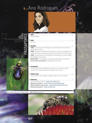 Ana Rodrigues
32 anos
1996 - Licenciatura em Biologia na Faculdade de Ciências da Uni-
versidade de Lisboa
1999 - Mestrado em Matemática Aplicada às Ciências Biológicas no
Instituto Superior de Agronomia da Universidade Técnica de Lisboa
2002 - Doutoramento em Biologia da Conservação na Universidade
de Sheﬃeld, Reino Unido
2002-2005 - Investigadora na Organização Não-Governamental,
Conservation International em Washington DC, EUA
A viajar pelo Brasil e Tailândia. Em Janeiro inicia um pós-douto-
ramento na Universidade de Cambridge, Reino Unido
“Passar tempo com amigos em algum lugar com muito verde”
Lista vermelha do IUCN - www.iucnredlist.org
Biodiversity hotspots - www.biodiversityhotspots.org
Global amphibian assessment - www.globalamphibians.org
BirdLife International - www.birdlife.org
Ana Rodrigues
PASSAPORTE
NOME
IDADE
PERCURSO
ACTUALMENTE
TEMPOS-LIVRES
SABER MAIS
Licenciatura em Biologia-Recursos Faunísticos e Ambiente,
Faculdade de Ciências da Universidade de Lisboa, Mestrado
em Matemática Aplicada às Ciências Biológicas pelo
Instituto Superior de Agronomia da Universidade Técnica
de Lisboa Doutoramento em Biologia da Conservação pela
Universidade de Sheﬃeld, Reino Unido.
ID_
NOME
IDADE
PERCURSO
ACTUALMENTE
TEMPOS-LIVRES
SABER MAIS...
02. Insecto ©Susana Aranha
PÁGINA
08 | 09
01. Orquídea, Ophrys ciliata ©Humberto Grácio
 