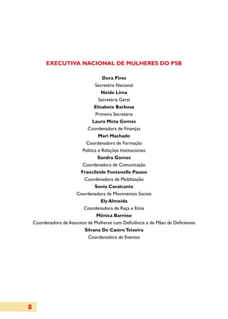 EXECUTIVA NACIONAL DE MULHERES DO PSB

                                     Dora Pires
                                 Secretária Nacional
                                     Neide Lima
                                   Secretária Geral
                                 Elisabete Barbosa
                                 Primeira Secretária
                                Laura Mota Gomes
                             Coordenadora de Finanças
                                   Mari Machado
                            Coordenadora de Formação
                          Política e Relações Institucionais
                                   Sandra Gomes
                          Coordenadora de Comunicação
                         Francileide Fontenelle Passos
                           Coordenadora de Mobilização
                                 Sonia Cavalcante
                       Coordenadora de Movimentos Sociais
                                     Ely Almeida
                           Coordenadora de Raça e Etnia
                                  Mônica Barroso
    Coordenadora de Assuntos de Mulheres com Deficiência e de Mães de Deficientes
                           Silvana De Castro Teixeira
                             Coordenadora de Eventos




8
 