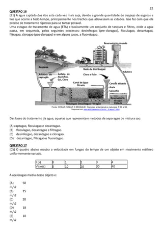 52
QUESTAO 16
(B1) A agua captada dos rios esta cada vez mais suja, devido a grande quantidade de despejo de esgotos e
lixo que ocorre a todo tempo, principalmente nos trechos que atravessam as cidades. Isso faz com que ela
precise de tratamento rigoroso para se tornar potavel.
Uma estagao de tratamento de agua (ETA) e basicamente um conjunto de tanques e filtros, onde a agua
passa, em sequencia, pelos seguintes processos: desinfecgao (pre-cloragao), floculagao, decantagao,
filtragao, cloragao (pos-cloragao) e em alguns casos, a fluoretagao.
Reseruatorio eleuado
Rede de distribuigao
Adutora
Sulfato de
Alummio,
Cal, Cloro
Cloro e fluor
Adutora de
captagao
Canal de agua
filtrada
Caruao atiuado
Areia
Cascalho
— -;■ ■
Reseruatorio
de agua
tratada
Floculagao Decantagao Filtragao
Fonte: CESAR; SEZAR E BEDAQUE. Ciencias: entendendo a natureza. P.98 e 99.
Disponivel em: www.editQrasaraiva.cQm.br/.../5 aqua 7.hftml
Das fases do tratamento da agua, aquelas que representam metodos de separagao de mistura sao:
(A) captagao, floculagao e decantagao.
(B) floculagao, decantagao e filtragao.
(C) desinfecgao, decantagao e cloragao.
(D) decantagao, filtragao e fluoretagao.
QUESTAO 17
(C5) O quadro abaixo mostra a velocidade em fungao do tempo de um objeto em movimento retillneo
uniformemente variado.
t (s) 0 1 2 3 4
V (m/s) 0 10 20 30 40
A aceleragao media desse objeto e:
(A) 50
m/s2
(B) 25
m/s2
(C) 20
m/s2
(D) 18
m/s2
(E) 10
m/s2
 