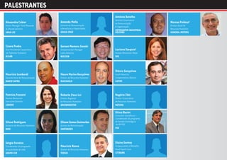 PALESTRANTES
                                                             Antônio Botelho
                                                             Gerente Corporativo
Alexandre Cukier               Amanda Mello                  de Remuneração            Marcos Poldauf
Senior Manager Total Rewards   Gerente de Remuneração                                  Diretor Geral de
                                                             & Organização
& Shared Services              e Benefícios e Expatriados                              Recursos Humanos
                                                             VOTORANTIM INDUSTRIAL
SARA LEE                       SOUZA CRUZ                    HOLDING                   GENERAL MOTORS



Cícero Penha                   Gerson Mamoru Sasaki
Vice Presidente Corporativo    Compensation Manager          Luciana Ezequiel
de Talentos Humanos            Latin America                 Human Resources Head
ALGAR                          NIELSEN                       DHL



                                                             Otávio Gonçalves
Maurício Lombardi              Mauro Marins Gonçalves        South America
Gerente Geral de Remuneração   Diretor de Recursos Humanos   Compensation Advisor
BANCO SAFRA                    RIACHUELO                     GAFOR



Patrícia Franzini              Roberto Youn Lui              Rogério Chér
Human Resources                Diretor Regional              Diretor Corporativo
Executive Director             de Recursos Humanos           de Recursos Humanos
LENOVO                         ARVINMERITOR                  NATURA

                                                             Ulrico Barini
                                                             Consultor e professor -
                                                             Coordenador do programa
Silene Rodrigues               Ulisses Gomes Guimarães       de Gestão Estratégica
Diretora de Recursos Humanos   Diretor de Remuneração        de RH FGV
NIKE                           SANTANDER                     FGV




Sérgio Ferreira                                              Elaine Santos
Coordenador do programa        Maurício Neves                Compensation & Benefits
de qualidade de vida           Diretor de Recursos Humanos   Head South Cone
GRUPO CCR                      TEKSID                        CITIBANK
 