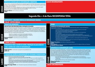 TÁTICAS DE COMUNICAÇÃO DA REMUNERAÇÃO E BENEFÍCIOS                                                           16h30 ENCERRAMENTO
        Cada vez mais a retenção de profissionais nas empresas aparece como fator decisivo para o sucesso do
        business. A valorização desses profissionais através de políticas e regras transparentes constitui a base
        da relação ética no trabalho.
15H40
        A comunicação como resposta adequada aos diversos contextos profissionais ( via de mão dupla)
        Novos canais de comunicação voltados para a diversidade dos públicos internos
        Fatores de sucesso no estabelecimento de políticas de R&B
        Maurício Neves Diretor de Recursos Humanos
        TEKSID


                                                                      Segundo Dia – 4 de Maio RECOMPENSA TOTAL
         WORKSHOP B - MELHORES PRÁTICAS DE REMUNERAÇÃO VARIÁVEL
        10h40 COFFEE BREAK
         BENEFÍCIOS INTANGÍVEIS                                                                                              PAINEL
        CADA VEZ MAIS UMA REALIDADE PARA A RETENÇÃO DE TALENTOS                                                              TENDÊNCIAS EM REMUNERAÇÃO VARIÁVEL
        Devido às características do mercado brasileiro na última década, uma nova modalidade de benefícios                  Remuneração variável como instrumento de concessão de maior poder e responsabilidade aos
        se tornaram comum as empresas: os chamados benefícios intangíveis como home office, programas di-                    profissionais nas empresas;
        versos, horário flexível, sabáticos, etc. Apesar de difícil mensuração, estes benefícios são cada vez mais                     - Incentivos de curto prazo x longo prazo o que está mudando nas práticas do mercado?
        valorizados. Na guerra pela atração e retenção de talentos, e com grande impacto em clima organiza-                            - Quais são as principais tendências em remuneração variável?
        cional e engajamento, encontramos várias iniciativas criativas e com foco específico em necessidades                           - Novos modelos de remuneração e metodologias
        específicas dos mais variados perfis profissionais.                                                                            - A customização da remuneração para cada público em atenção às suas expectativas
                                                                                                                                       - Desafios futuros
                   - Benefícios intangíveis como fator de retenção de talentos                                                         - Como compatibilizar ganhos dos executivos com ganhos para os acionistas?
11H10




                   - Práticas tradicionais e inovadores de benefícios intangíveis                                                      - Como dotar as organizações de uma governança sobre a remuneração de curto e longo prazo?
                   - Adequação aos diversos perfis da organização                                                                      - Como tratar as enormes diferenças de remuneração entre os executivos e a maioria dos trabalhadores?
                                                                                                                                       - Há modelos mais “socializantes”?
        Patricia Franzini Human Resources Executive Director                                                                           - Como tratar no Brasil a exigência de tornar pública a remuneração de administradores nas
        LENOVO                                                                                                                           empresas de capital aberto?
                                                                                                                                       - Como balancear remuneração de curto prazo com incentivos de longo prazo no Brasil, que não




                                                                                                                     12H00
                                                                                                                                         tem um mercado de ações amadurecido?

        13H00 ALMOÇO                                                                                                         Otávio Gonçalves South America Compensation Advisor
                                                                                                                             GAFOR
         ESTRATÉGIAS PARA A GESTÃO DA SAÚDE: PROMOÇÃO DA QUALIDADE DE                                                        Ulrico Barini Consultor e Coordenador do Programa de Gestão Estratégica de Recursos Humanos
                                                                                                                             FUNDAÇÃO GETÚLIO VARGAS
         VIDA E GESTÃO DOS CUSTOS EM REMUNERAÇÃO
14H00




                                                                                                                             ESTRATÉGIAS DE REMUNERAÇÃO GLOBAL
        Sérgio Ferreira     Coordenador do programa de qualidade de vida                                                     Cada vez mais no mundo globalizado, as empresas têm filiais em outros países levando a um fluxo de
        GRUPO CCR                                                                                                            funcionários expatriados e impatriados, tornando a definição de remuneração mais complexa. Além
                                                                                                                             disso, programas de remuneração de longo prazo são implantados em todos os países que a empresa
                                                                                                                             opera, alterando o mix de remuneração dos seus funcionários locais e trazendo um novo cenário
                                                                                                                             competitivo para o mercado. Regras de diferimento e novas restrições devido à crise mundial são
         O DESAFIO DA GESTÃO DA REMUNERAÇÃO EM ATIVIDADES DIVERSIFICADAS                                                     aplicadas em diferentes países ainda sem uniformidade. Como lidar com todas essas variáveis na
                                                                                                                             análise da remuneração global dos executivos?
        Conheça a política de remuneração do Grupo Algar                                                                               - O que levar em conta para a equalização da remuneração em transferências.
                - A filosofia de Gestão de Talentos Humanos do Grupo Algar
                                                                                                                     15H40


                - A visão estratégica de remuneração do Grupo frente o mercado e seu modelo de gestão de                               - Programas de incentivo de longo prazo, sua relevância no mix de remuneração e impacto
                  pessoas.                                                                                                               no mercado.
14H50




                - Como conciliar uma política corporativa com as diferentes categorias e negociações sindicais.                        - Regras de diferimento do setor bancário mundial.
                - A política de remuneração fixa e suas conexões com o mercado.
                - Como a Algar construiu um modelo de Remuneração Variável altamente motivante.                              Ulisses Guimarães Diretor de Remuneração
                - O modelo de participação nos lucros substituindo a velha política de bônus.                                SANTANDER
                - Aprendizados.
        Cícero Domingos Penha Vice-Presidente Corporativo de Talentos Humanos
        ALGAR
                                                                                                                     16h30 ENCERRAMENTO
 
