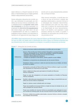 O COMITÊ DE BACIA HIDROGRÁFICA: O QUE É E O QUE FAZ?
29
4 ATRIBUIÇÕES DOS COMITÊS
sejam efetivas e o Singreh funcione de forma
plena, é imprescindível que os órgãos gestores
estejam adequadamente estruturados.
Outras atribuições relevantes dos comitês, po-
rém, que necessitam da aprovação dos con-
selhos de recursos hídricos competentes, são:
o estabelecimento de propostas sobre usos
não outorgáveis ou de pouca expressão; e a
proposição de alternativa de enquadramento
dos corpos d’água, que nada mais é do que
o estabelecimento de meta ou o objetivo de
qualidade de água (classe) a ser alcançado ou
mantido em um segmento de corpo d’água, de
acordo com os usos preponderantes pretendi-
dos, ao longo do tempo.
Além dessas atribuições, o comitê deve ser
o fórum em que se promova o debate das
questões relacionadas a recursos hídricos e
a articulação das entidades intervenientes.
Essa atribuição será cada vez mais impor-
tante com a melhoria da representatividade
e da legitimidade de seus representantes.
Esse é um desafio a ser superado a cada
processo eleitoral do comitê. O quadro 1
apresenta as atribuições dos comitês de ba-
cia previstas em lei.
VEJA MAIS: sobre enquadramento dos corpos d’água em classes veja Resolução Conama nº 357, de 17
de março de 2005, que dispõe sobre a classificação dos corpos d’água e as diretrizes ambientais para
seu enquadramento, bem como estabelece as condições e os padrões de lançamento de efluentes.
Atribuições
Deliberativas
Arbitrar em primeira instância administrativa os conflitos pelo uso da água.
Aprovar o Plano de Recursos Hídricos da Bacia Hidrográfica e consequentemente:
- metas de racionalização de uso, aumento da quantidade e melhoria da qualidade;
- prioridades para outorga de direito de uso de recursos hídricos;
- diretrizes e critérios gerais para cobrança; e
- condições de operação de reservatórios, visando a garantir os usos múltiplos.
Estabelecer os mecanismos de cobrança pelo uso de recursos hídricos.
Estabelecer critérios e promover o rateio de custo das obras de uso múltiplo, de interes-
se comum ou coletivo.
Propositivas
Acompanhar a execução do Plano de Recursos Hídricos da Bacia e sugerir as providên-
cias necessárias ao cumprimento de suas metas.
Indicar a Agência de Água para aprovação do Conselho de Recursos
Hídricos competente.
Propor os usos não outorgáveis ou de pouca expressão ao Conselho de Recursos
Hídricos competente.
Escolher a alternativa para enquadramento dos corpos d’água e encaminhá-la aos con-
selhos de recursos hídricos competentes.
Sugerir os valores a serem cobrados pelo uso da água.
Propor aos conselhos de recursos hídricos a criação de áreas de restrição de uso, com
vista à proteção dos recursos hídricos.
Propor aos conselhos de recursos hídricos as prioridades para aplicação de recur-
sos oriundos da cobrança pelo uso dos recursos hídricos do setor elétrico na bacia.
Consultivas
Promover o debate das questões relacionadas a recursos hídricos e articular a atuação
das entidades intervenientes.
Quadro 1 – Atribuições dos comitês de bacia
 