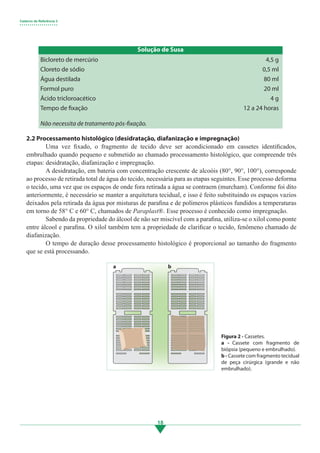 Caderno de Referência 3
• • • • • • • • • • • • • • • • • • •
18
Bicloreto de mercúrio								 4,5 g
Cloreto de sódio								 0,5 ml
Água destilada								 80 ml
Formol puro									 20 ml
Ácido tricloroacético								 4 g
Tempo de fixação 	 						 12 a 24 horas
Não necessita de tratamento pós-fixação.
2.2 Processamento histológico (desidratação, diafanização e impregnação)
	 Uma vez fixado, o fragmento de tecido deve ser acondicionado em cassetes identificados,
embrulhado quando pequeno e submetido ao chamado processamento histológico, que compreende três
etapas: desidratação, diafanização e impregnação.
	 A desidratação, em bateria com concentração crescente de alcoóis (80°, 90°, 100°), corresponde
ao processo de retirada total de água do tecido, necessária para as etapas seguintes. Esse processo deforma
o tecido, uma vez que os espaços de onde fora retirada a água se contraem (murcham). Conforme foi dito
anteriormente, é necessário se manter a arquitetura tecidual, e isso é feito substituindo os espaços vazios
deixados pela retirada da água por misturas de parafina e de polímeros plásticos fundidos a temperaturas
em torno de 58° C e 60° C, chamados de Paraplast®. Esse processo é conhecido como impregnação.
	 Sabendo da propriedade do álcool de não ser miscível com a parafina, utiliza-se o xilol como ponte
entre álcool e parafina. O xilol também tem a propriedade de clarificar o tecido, fenômeno chamado de
diafanização.
	 O tempo de duração desse processamento histológico é proporcional ao tamanho do fragmento
que se está processando.
Figura 2 - Cassetes.
a - Cassete com fragmento de
biópsia (pequeno e embrulhado).
b - Cassete com fragmento tecidual
de peça cirúrgica (grande e não
embrulhado).
Solução de Susa
a b
3.indd 18 11/08/12 20:30
 