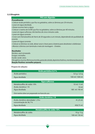 31
3.2 Glicogênio
Procedimento
• Colocar ácido periódico, que fica na geladeira, sobre as lâminas por 20 minutos.
• Lavar em água destilada.
• Deixar escorrer bem a água.
• Colocar o reativo de Schiff, que fica na geladeira, sobre as lâminas por 40 minutos.
• Lavar em água sulfurosa, três banhos de cinco minutos cada.
• Lavar em água corrente.
• Corar com Hematoxilina de Harris de 30 segundos a um minuto, dependendo da qualidade do
corante.
• Lavar em água corrente.
• Colocar as lâminas na rede, deixar secar e levar para a bateria para desidratar e diafanizar.
• Montar a lâmina com lamínula e meio de montagem – Entelan.
Resultados
Núcleos: azul-arroxeado.
Fungos: vermelho.
Fundo: verde-claro.
Glicogênio,mucina,fibrinaoutrombo,gotasdecoloide,depósitoshialinos,membranasbasaisetc.
Reação Positiva: vermelho-púrpura.
Preparo de soluções
Ácido periódico 0,5 %
Ácido periódico
Água destilada
0,5 g / 2,5 g
100 ml / 500 ml
Metabissulfito de sódio 10%
Metabissulfito de sódio
Água destilada
10 g / 5 g
100 ml / 50 ml
Ácido clorídrico 1 N
Ácido clorídrico densidade 1,19 e
concentração de 36,7 %
Água destilada
41,25 ml
458,75 ml
3 Colorações Histológicas Para Grânulos, Depósitos e Pigmentos
• • • • • • • • • • • • • • • • • • • • • • • • • • • • • • • • • • • • • • • • • • • • • • • • •
Água sulfurosa
Metabissulfito de sódio 10%
Ácido clorídrico 1 N
Água destilada
10 ml / 5 ml
10 ml
180 ml / 90 ml
Este reativo deve ser preparado na hora do uso.
PAS sem digestão
3.indd 31 11/08/12 20:30
 
