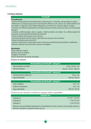 Caderno de Referência 3
• • • • • • • • • • • • • • • • • • •
44
4.2 Fibras elásticas
Procedimento
• Colocar hematoxilina de Verhoeff sobre as lâminas por 15 minutos, até que fiquem negras.
• Diferenciar na solução aquosa de cloreto de ferro (férrico) a 2%. Coloca-se o cloreto de ferro em
um tubete e a água em outro tubete. Mergulha-se a lâmina no cloreto e depois na água.
•Controla-seadiferenciaçãopelomicroscópioatéqueotecidoconjuntivotomeacordasolução
de lugol.
• Durante a diferenciação, deve-se agitar a lâmina dentro do tubete. Se a diferenciação for
excessiva, recorar pela hematoxilina de Verhoeff.
• Lavar em água corrente por cinco minutos.
• Corar pela solução de Van Gienson (picrofucsina uso) por cinco minutos.
• Passar as lâminas pelo álcool 95º.
• Colocar as lâminas na rede, deixar secar e levar para a bateria para desidratar e diafanizar.
• Montar a lâmina com lamínula e meio de montagem.
Resultados
Fibras elásticas: negras.
Núcleos: azuis ou negros.
Colágeno: vermelho.
Outros elementos do tecido: amarelos.
Hematoxilina de Verhoeff - solução A
Hematoxilina de Verhoeff - solução B
Hematoxilina de Verhoeff - solução C
Hematoxilina (cristais)
Cloreto de ferro (férrico)
Iodo metálico
Álcool absoluto
Água destilada
Iodeto de potássio
Água destilada
2,5 g / 0,5 g / 5 g
10 g / 5 g
2 g / 1 g
50 ml / 10 ml / 100 ml
100 ml / 50 ml
4 g / 2 g
100 ml / 50 ml
Preparo de soluções
	 Na hora de usar, misturar as soluções na seguinte ordem e quantidade:
Solução uso
Solução A
Solução B
Solução C
2,5 ml / 1,25 ml
1 ml / 0,5 ml
1 ml / 0,5 ml
Misturar em quantidade adequada à necessidade da rotina. Colocar esta solução sobre as
lâminas. Preparar a solução na hora do uso.
Verchoeff
3.indd 44 11/08/12 20:30
 