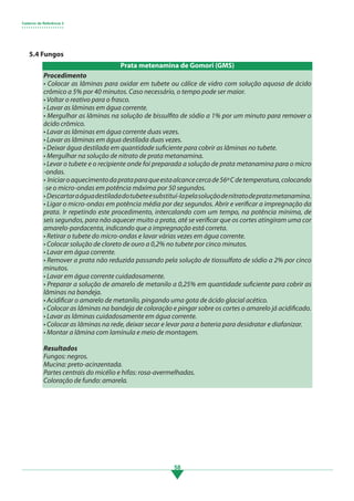 Caderno de Referência 3
• • • • • • • • • • • • • • • • • • •
58
5.4 Fungos
Procedimento
• Colocar as lâminas para oxidar em tubete ou cálice de vidro com solução aquosa de ácido
crômico a 5% por 40 minutos. Caso necessário, o tempo pode ser maior.
• Voltar o reativo para o frasco.
• Lavar as lâminas em água corrente.
• Mergulhar as lâminas na solução de bissulfito de sódio a 1% por um minuto para remover o
ácido crômico.
• Lavar as lâminas em água corrente duas vezes.
• Lavar as lâminas em água destilada duas vezes.
• Deixar água destilada em quantidade suficiente para cobrir as lâminas no tubete.
• Mergulhar na solução de nitrato de prata metanamina.
• Levar o tubete e o recipiente onde foi preparada a solução de prata metanamina para o micro
-ondas.
• Iniciaroaquecimentodaprataparaqueestaalcancecercade56ºCdetemperatura,colocando
-se o micro-ondas em potência máxima por 50 segundos.
• Descartaraáguadestiladadotubeteesubstituí-lapelasoluçãodenitratodepratametanamina.
• Ligar o micro-ondas em potência média por dez segundos. Abrir e verificar a impregnação da
prata. Ir repetindo este procedimento, intercalando com um tempo, na potência mínima, de
seis segundos, para não aquecer muito a prata, até se verificar que os cortes atingiram uma cor
amarelo-pardacenta, indicando que a impregnação está correta.
• Retirar o tubete do micro-ondas e lavar várias vezes em água corrente.
• Colocar solução de cloreto de ouro a 0,2% no tubete por cinco minutos.
• Lavar em água corrente.
• Remover a prata não reduzida passando pela solução de tiossulfato de sódio a 2% por cinco
minutos.
• Lavar em água corrente cuidadosamente.
• Preparar a solução de amarelo de metanilo a 0,25% em quantidade suficiente para cobrir as
lâminas na bandeja.
• Acidificar o amarelo de metanilo, pingando uma gota de ácido glacial acético.
• Colocar as lâminas na bandeja de coloração e pingar sobre os cortes o amarelo já acidificado.
• Lavar as lâminas cuidadosamente em água corrente.
• Colocar as lâminas na rede, deixar secar e levar para a bateria para desidratar e diafanizar.
• Montar a lâmina com lamínula e meio de montagem.
Resultados
Fungos: negros.
Mucina: preto-acinzentada.
Partes centrais do micélio e hifas: rosa-avermelhadas.
Coloração de fundo: amarela.
Prata metenamina de Gomori (GMS)
3.indd 58 11/08/12 20:30
 