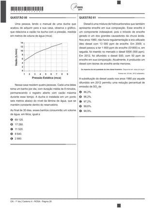 2014
CN - 1º dia | Caderno 4 - ROSA - Página 28
QUESTÃO 80
Uma pessoa, lendo o manual de uma ducha que
que relaciona a vazão na ducha com a pressão, medida
em metros de coluna de água (mca).
Vazão(L/min)
14
12
10
8
6
4
2
0
1 2 4 6 83 5 7 9
Pressão Estática (mca)
Nessa casa residem quatro pessoas. Cada uma delas
toma um banho por dia, com duração média de 8 minutos,
durante esse tempo. A ducha é instalada em um ponto
mantém constante dentro do reservatório.
de água, em litros, igual a
A 69 120.
B 17 280.
C 11 520.
D 8 640.
E 2 880.
QUESTÃO 81
Diesel é uma mistura de hidrocarbonetos que também
gerado é um dos grandes causadores da chuva ácida.
Nos anos 1980, não havia regulamentação e era utilizado
seguida, foi inserido no mercado o diesel S500 (500 ppm).
Em 2012, foi difundido o diesel S50, com 50 ppm de
Os impactos da má qualidade do óleo diesel brasileiro. Disponível em: www.cnt.org.br.
Acesso em: 20 dez. 2012 (adaptado).
A substituição do diesel usado nos anos 1980 por aquele
difundido em 2012 permitiu uma redução percentual de
emissão de SO3
de
A
B
C
D
E
*ROSA75SAB28*
 