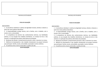 Assinatura do Estudante                                                                Assinatura do Estudante




                               FICHA DE AVALIAÇÃO                                                                     FICHA DE AVALIAÇÃO

INDICADORES:                                                                          INDICADORES:
   1. A consciência individual e coletiva da dignidade humana, direitos e deveres a       1. A consciência individual e coletiva da dignidade humana, direitos e deveres a
   partir das novas práticas educativas;                                                  partir das novas práticas educativas;
   2. A responsabilidade consigo mesmo, com a família, com o trabalho, com a              2. A responsabilidade consigo mesmo, com a família, com o trabalho, com a
   escola e com a comunidade;                                                             escola e com a comunidade;
   3. A competência do domínio dos conhecimentos teóricos, nas habilidades                3. A competência do domínio dos conhecimentos teóricos, nas habilidades
   práticas, na sua atuação dos trabalhos domésticos, no manejo da terra e dos            práticas, na sua atuação dos trabalhos domésticos, no manejo da terra e dos
   animais e na aplicação das práticas alternativas de produção;                          animais e na aplicação das práticas alternativas de produção;
   4. Mudanças de atitude e comportamento perante a vida, a natureza e as coisas;         4. Mudanças de atitude e comportamento perante a vida, a natureza e as coisas;
   5. Melhoria do desempenho e das relações interpessoais nos grupos humanos              5. Melhoria do desempenho e das relações interpessoais nos grupos humanos
   que participam: família, escola, comunidade, associação e outros coletivos;            que participam: família, escola, comunidade, associação e outros coletivos;
   6. A coerência entre a teoria construída e a prática de vida.                          6. A coerência entre a teoria construída e a prática de vida.
                                AUTO-AVALIAÇÃO                                                                         AUTO-AVALIAÇÃO
 