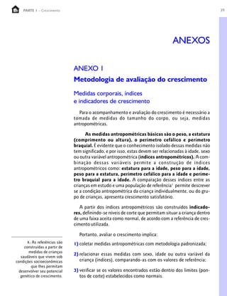 39PARTE 1 – Crescimento
ANEXO 1
Metodologia de avaliação do crescimento
Medidas corporais, índices
e indicadores de crescimento
Para o acompanhamento e avaliação do crescimento é necessário a
tomada de medidas do tamanho do corpo, ou seja, medidas
antropométricas.
As medidas antropométricas básicas são o peso, a estatura
(comprimento ou altura), o perímetro cefálico e perímetro
braquial. É evidente que o conhecimento isolado dessas medidas não
tem significado, e por isso, estas devem ser relacionadas à idade, sexo
ou outra variável antropométrica (índices antropométricos). A com-
binação dessas variáveis permite a construção de índices
antropométricos como: estatura para a idade, peso para a idade,
peso para a estatura, perímetro cefálico para a idade e períme-
tro braquial para a idade. A comparação desses índices entre as
crianças em estudo e uma população de referência1
permite descrever
se a condição antropométrica da criança individualmente, ou do gru-
po de crianças, apresenta crescimento satisfatório.
A partir dos índices antropométricos são construídos indicado-
res, definindo-se níveis de corte que permitam situar a criança dentro
de uma faixa aceita como normal, de acordo com a referência de cres-
cimento utilizada.
Portanto, avaliar o crescimento implica:
1) coletar medidas antropométricas com metodologia padronizada;
2) relacionar essas medidas com sexo, idade ou outra variável da
criança (índices), comparando-as com os valores de referência;
3) verificar se os valores encontrados estão dentro dos limites (pon-
tos de corte) estabelecidos como normais.
1. As referências são
construídas a partir de
medidas de crianças
saudáveis que vivem sob
condições socioeconômicas
que lhes permitam
desenvolver seu potencial
genético de crescimento.
ANEXOS
 