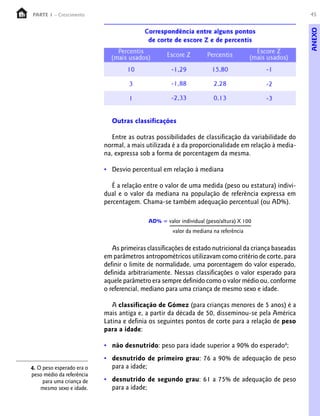 45PARTE 1 – Crescimento
Outras classificações
Entre as outras possibilidades de classificação da variabilidade do
normal, a mais utilizada é a da proporcionalidade em relação à media-
na, expressa sob a forma de porcentagem da mesma.
• Desvio percentual em relação à mediana
É a relação entre o valor de uma medida (peso ou estatura) indivi-
dual e o valor da mediana na população de referência expressa em
percentagem. Chama-se também adequação percentual (ou AD%).
AD% = valor individual (peso/altura) X 100
valor da mediana na referência
As primeiras classificações de estado nutricional da criança baseadas
em parâmetros antropométricos utilizavam como critério de corte, para
definir o limite de normalidade, uma porcentagem do valor esperado,
definida arbitrariamente. Nessas classificações o valor esperado para
aquele parâmetro era sempre definido como o valor médio ou, conforme
o referencial, mediano para uma criança de mesmo sexo e idade.
A classificação de Gómez (para crianças menores de 5 anos) é a
mais antiga e, a partir da década de 50, disseminou-se pela América
Latina e definia os seguintes pontos de corte para a relação de peso
para a idade:
• não desnutrido: peso para idade superior a 90% do esperado4
;
• desnutrido de primeiro grau: 76 a 90% de adequação de peso
para a idade;
• desnutrido de segundo grau: 61 a 75% de adequação de peso
para a idade;
4. O peso esperado era o
peso médio da referência
para uma criança de
mesmo sexo e idade.
ANEXO
 
