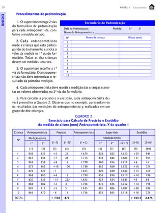 50 PARTE 1 – Crescimento
Procedimentos de padronização
1. O supervisor entrega 2 vias
do formulário de padronização
para cada antropometrista, con-
forme o modelo ao lado.
2. Cada antropometrista
mede a criança que está partici-
pando do treinamento e anota o
valor da medida na 1ª via do for-
mulário. Todas as dez crianças
devem ser medidas uma vez.
3. O supervisor recolhe a 1ª
via do formulário. O antropome-
trista não deve memorizar o re-
sultado da primeira medição.
4. Cada antropometrista deve repetir a medição das crianças e ano-
tar os valores observados na 2ª via do formulário.
5. Para calcular a precisão e a exatidão, cada antropometrista de-
verá preencher o Quadro 2. Observe que no exemplo, apresentam-se
os resultados das medições do antropometrista y, realizadas em um
grupo de dez crianças.
QUADRO 2
Exercício para Cálculo de Precisão e Exatidão
da medida de altura (mm) Antropometrista: Y do quadro 1
ANEXO
(1) (2) (3) (4) (5) (6) (7) (8) (9) (10)
1 842 837 +5 25 1.679 828 822 1.650 +29 841
2 861 854 +7 49 1.715 838 846 1.684 +31 961
3 862 858 +4 16 1.720 860 856 1.716 +4 16
4 875 865 +10 100 1.740 862 860 1.722 +18 324
5 826 827 - 1 1 1.653 820 820 1.640 +13 169
6 864 860 +4 16 1.724 856 854 1.710 +14 196
7 820 835 - 15 225 1.655 823 824 1.647 +8 64
8 884 882 +2 4 1.766 876 876 1.752 +14 196
9 820 815 +5 5 1.635 801 806 1.607 +28 784
10 866 870 - 4 16 1.736 853 865 1.718 +18 324
TOTAL + 7/10 477 + 10/10 3.875
Criança Antropometrista Precisão SupervisorAntropometrista Exatidão
Nº
Medição (mm)
1ª 2ª (1-2) (1-2)2
(1+2)
Medição (mm)
1ª 2ª (6+7) (5-8) (5-8)2
 