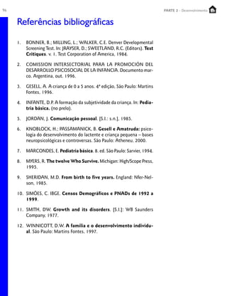96 PARTE 1 – Crescimento
Referências bibliográficas
1. BONNER, B.; MILLING, L.; WALKER, C.E. Denver Developmental
Screening Test. In: JRAYSER, D.; SWEETLAND, R.C. (Editors). Test
Critiques. v. 1. Test Corporation of America, 1984.
2. COMISSION INTERSECTORIAL PARA LA PROMOCIÓN DEL
DESARROLLO PSICOSOCIAL DE LA INFANCIA. Documento mar-
co. Argentina, out. 1996.
3. GESELL, A. A criança de 0 a 5 anos. 4ª edição, São Paulo: Martins
Fontes, 1996.
4. INFANTE, D.P. A formação da subjetividade da criança. In: Pedia-
tria básica. (no prelo).
5. JORDAN, J. Comunicação pessoal. [S.I.: s.n.], 1985.
6. KNOBLOCK, H.; PASSAMANICK, B. Gesell e Amatruda: psico-
logia do desenvolvimento do lactente e criança pequena – bases
neuropsicológicas e controversas. São Paulo: Atheneu, 2000.
7. MARCONDES, E. Pediatria básica. 8. ed. São Paulo: Sarvier, 1994.
8. MYERS, R. The twelve Who Survive. Michigan: High/Scope Press,
1995.
9. SHERIDAN, M.D. From birth to five years. England: Nfer-Nel-
son, 1985.
10. SIMÕES, C. IBGE. Censos Demográficos e PNADs de 1992 a
1999.
11. SMITH, DW. Growth and its disorders. [S.I.]: WB Saunders
Company, 1977.
12. WINNICOTT, D.W. A família e o desenvolvimento individu-
al. São Paulo: Martins Fontes, 1997.
PARTE 2 - Desenvolvimento
 