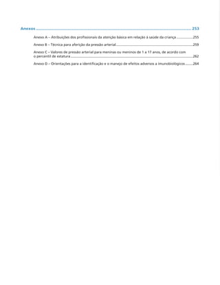 Anexos..................................................................................................................................... 253
Anexo A – Atribuições dos profissionais da atenção básica em relação à saúde da criança..................255
Anexo B – Técnica para aferição da pressão arterial.................................................................................259
Anexo C – Valores de pressão arterial para meninas ou meninos de 1 a 17 anos, de acordo com
o percentil de estatura................................................................................................................................262
Anexo D – Orientações para a identificação e o manejo de efeitos adversos a imunobiológicos.........264
 