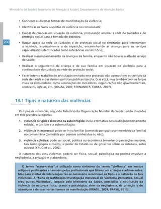 200
Ministério da Saúde | Secretaria de Atenção à Saúde | Departamento de Atenção Básica
• Conhecer as diversas formas de manifestação da violência;
• Identificar os casos suspeitos de violência na comunidade;
• Cuidar de crianças em situação de violência, procurando ampliar a rede de cuidados e de
proteção social para a tomada de decisões;
• Buscar apoio da rede de cuidados e de proteção social no território, para interromper
a violência, especialmente a de repetição, encaminhando as crianças para os serviços
especializados identificados como referências no território;
• Realizar o acompanhamento da criança e da família, enquanto não houver a alta do serviço
de saúde;
• Realizar o seguimento da criança e de sua família em situação de violência para a
continuidade do cuidado na rede de proteção social;
• Fazer intenso trabalho de articulação em todo este processo, não apenas com os serviços da
rede de saúde e das demais políticas públicas (escola, Cras etc.), mas também com as forças
vivas da comunidade, como associações de moradores, organizações não governamentais,
sindicatos, igrejas, etc. (SOUZA, 2007; FERNANDES; CURRA, 2007).
13.1 Tipos e natureza das violências
Os tipos de violências, segundo Relatório da Organização Mundial da Saúde, estão divididos
em três grandes categorias:
1. violência dirigida a si mesmo ou autoinfligida: inclui a tentativa de suicídio (comportamento
suicida), o suicídio e a automutilação;
2. violência interpessoal: pode ser intrafamiliar (cometida por quaisquer membros da família)
ou comunitária (cometida por pessoas conhecidas ou não);
3. violência coletiva: pode ser social, política ou econômica (envolve organizações maiores,
tais como grupos armados, o poder do Estado ou de governos sobre os cidadãos, entre
outros) (KRUG et al., 2002).
A natureza dos atos violentos poderá ser física, sexual, psicológica ou poderá envolver a
negligência, a privação e o abandono.
O termo “maus-tratos” é utilizado como sinônimo do termo “violência” em muitos
artigos e publicações e também pelos profissionais que lidam com crianças e adolescentes.
Mas para efeitos de intervenção faz-se necessário reconhecer os tipos e a natureza de tais
violências. A “Ficha de Notificação/Investigação Individual de Violência Doméstica, Sexual
e/ou outras Violências”, lançada pelo Ministério da Saúde, possibilita a notificação da
violência de natureza física, sexual e psicológica, além da negligência, da privação e do
abandono e de suas várias formas de manifestação (BRASIL, 2009; BRASIL, 2010).
 
