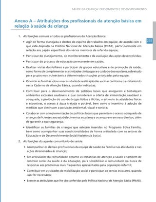 255
SAÚDE DA CRIANÇA: CRESCIMENTO E DESENVOLVIMENTO
Anexo A – Atribuições dos profissionais da atenção básica em
relação à saúde da criança
1. Atribuições comuns a todos os profissionais da Atenção Básica:
• Agir de forma planejada e dentro do espírito do trabalho em equipe, de acordo com o
que está disposto na Política Nacional de Atenção Básica (PNAB), particularmente em
relação aos papéis específicos dos vários membros da referida equipe;
• Participar do planejamento, do monitoramento e da avaliação das ações desenvolvidas;
• Participar do processo de educação permanente em saúde;
• Realizar visitas domiciliares e participar de grupos educativos e de promoção da saúde,
como forma de complementar as atividades clínicas para o cuidado dos escolares, sobretudo
para grupos mais vulneráveis a determinadas situações priorizadas pela equipe;
• Orientar as famílias sobre a necessidade de realização das vacinas conforme o estabelecido
neste Caderno de Atenção Básica, quando indicadas;
• Contribuir para o desenvolvimento de políticas locais que assegurem e fortaleçam
ambientes escolares saudáveis e que considerem a oferta de alimentação saudável e
adequada, a proibição do uso de drogas lícitas e ilícitas, o estímulo às atividades físicas
e esportivas, o acesso à água tratada e potável, bem como o incentivo à adoção de
medidas que diminuam a poluição ambiental, visual e sonora;
• Colaborar com a implementação de políticas locais que permitam o acesso adequado de
crianças deficientes aos estabelecimentos escolares e os amparem em seus direitos, além
de garantir a sua segurança;
• Identificar as famílias de crianças que estejam inseridas no Programa Bolsa Família,
bem como acompanhar suas condicionalidades de forma articulada com os setores de
Educação e de Desenvolvimento Social/Assistência Social.
2. Atribuições do agente comunitário de saúde:
• Acompanhar os demais profissionais da equipe de saúde da família nas atividades e nas
ações direcionadas às crianças;
• Ser articulador da comunidade perante as instâncias de atenção à saúde e também de
controle social da saúde e da educação, para sensibilizar a comunidade na busca de
respostas aos problemas mais frequentes apresentados pela população infantil;
• Contribuir em atividades de mobilização social e participar de censos escolares, quando
isso for necessário;
• Exercer as atribuições que lhe são conferidas pela Política Nacional de Atenção Básica (PNAB).
 