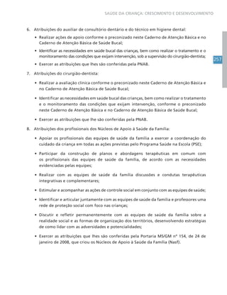 257
SAÚDE DA CRIANÇA: CRESCIMENTO E DESENVOLVIMENTO
6. Atribuições do auxiliar de consultório dentário e do técnico em higiene dental:
• Realizar ações de apoio conforme o preconizado neste Caderno de Atenção Básica e no
Caderno de Atenção Básica de Saúde Bucal;
• Identificar as necessidades em saúde bucal das crianças, bem como realizar o tratamento e o
monitoramento das condições que exijam intervenção, sob a supervisão do cirurgião-dentista;
• Exercer as atribuições que lhes são conferidas pela PNAB.
7. Atribuições do cirurgião-dentista:
• Realizar a avaliação clínica conforme o preconizado neste Caderno de Atenção Básica e
no Caderno de Atenção Básica de Saúde Bucal;
• Identificar as necessidades em saúde bucal das crianças, bem como realizar o tratamento
e o monitoramento das condições que exijam intervenção, conforme o preconizado
neste Caderno de Atenção Básica e no Caderno de Atenção Básica de Saúde Bucal;
• Exercer as atribuições que lhe são conferidas pela PNAB.
8. Atribuições dos profissionais dos Núcleos de Apoio à Saúde da Família:
• Apoiar os profissionais das equipes de saúde da família a exercer a coordenação do
cuidado da criança em todas as ações previstas pelo Programa Saúde na Escola (PSE);
• Participar da construção de planos e abordagens terapêuticas em comum com
os profissionais das equipes de saúde da família, de acordo com as necessidades
evidenciadas pelas equipes;
• Realizar com as equipes de saúde da família discussões e condutas terapêuticas
integrativas e complementares;
• Estimular e acompanhar as ações de controle social em conjunto com as equipes de saúde;
• Identificar e articular juntamente com as equipes de saúde da família e professores uma
rede de proteção social com foco nas crianças;
• Discutir e refletir permanentemente com as equipes de saúde da família sobre a
realidade social e as formas de organização dos territórios, desenvolvendo estratégias
de como lidar com as adversidades e potencialidades;
• Exercer as atribuições que lhes são conferidas pela Portaria MS/GM nº 154, de 24 de
janeiro de 2008, que criou os Núcleos de Apoio à Saúde da Família (Nasf).
 