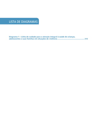 LISTA DE DIAGRAMAS
Diagrama 1 – Linha de cuidado para a atenção integral à saúde de crianças,
adolescentes e suas famílias em situações de violência..................................................... 212
 